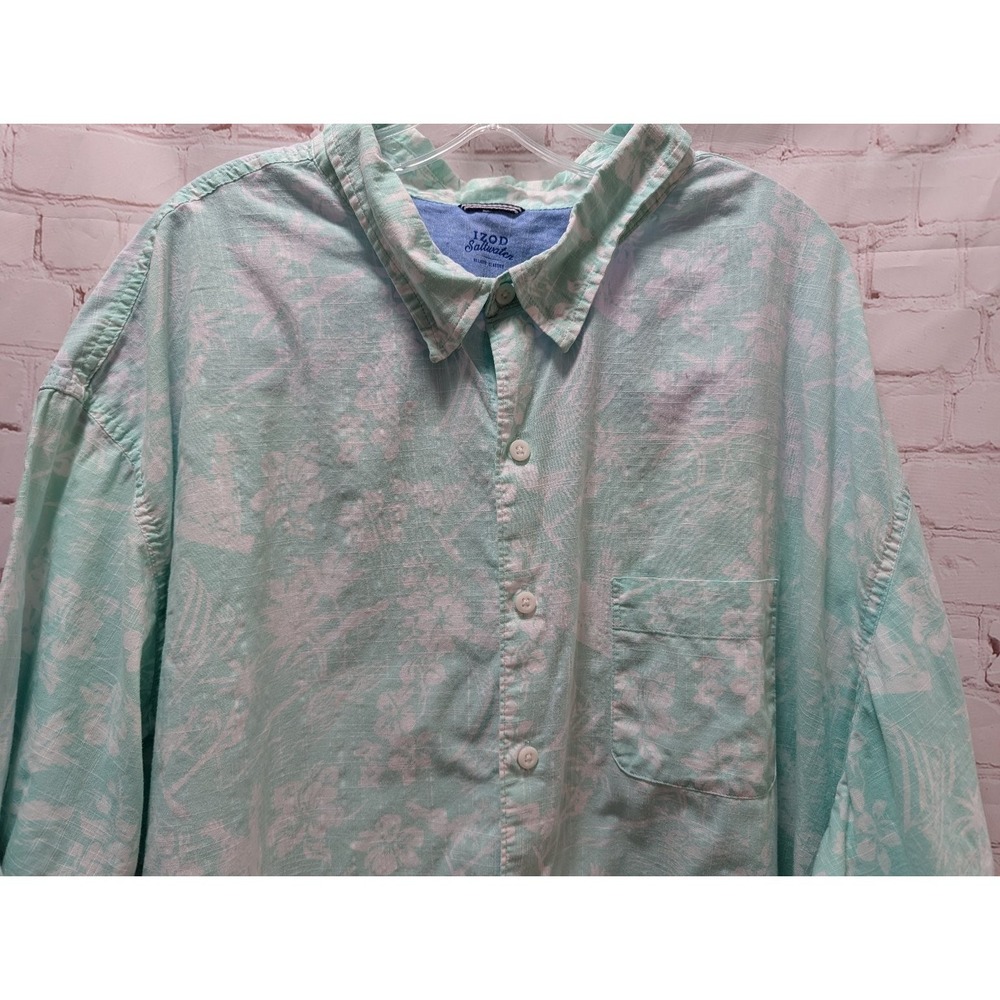 IZOD Saltwater Men's 4XL Button Front Shirt Green White Cotton Tropical